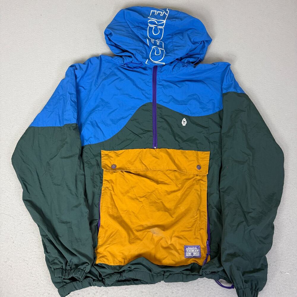ICECREAM Running Dog Anorak Windbreaker Jacket Men XL Blue Green Yellow Nylon